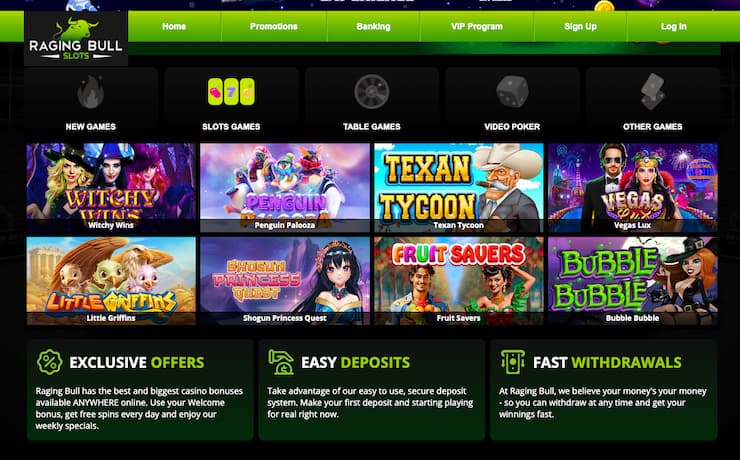 A screenshot of Raging Bull, one of the best online slot sites, highlighting the online slots selection.